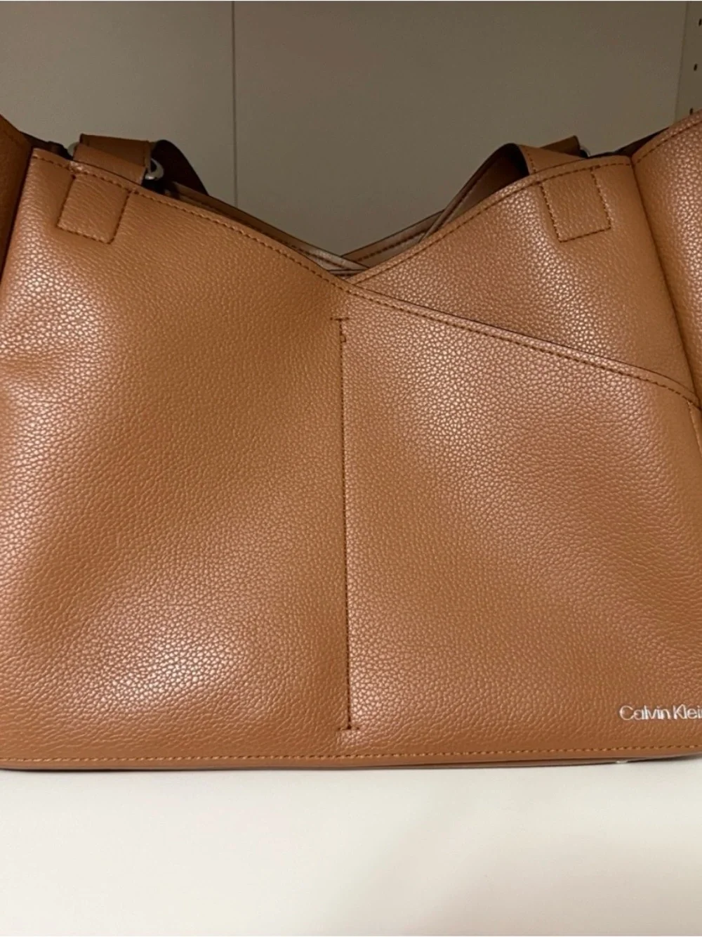 Calvin Klein Cognac Brown Pebbled Leather Messenger Bag with two Organizers